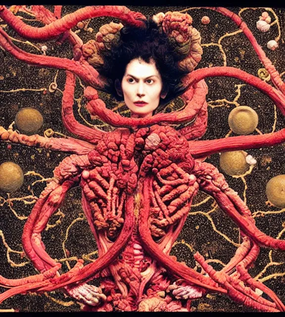 Image similar to still frame from Prometheus, gaia covered in crimson filament sowing in blosoming mycelium gardens, dressed by Neri Oxman and alexander mcqueen, metal couture haute couture editorial by utagawa kuniyoshi by giger