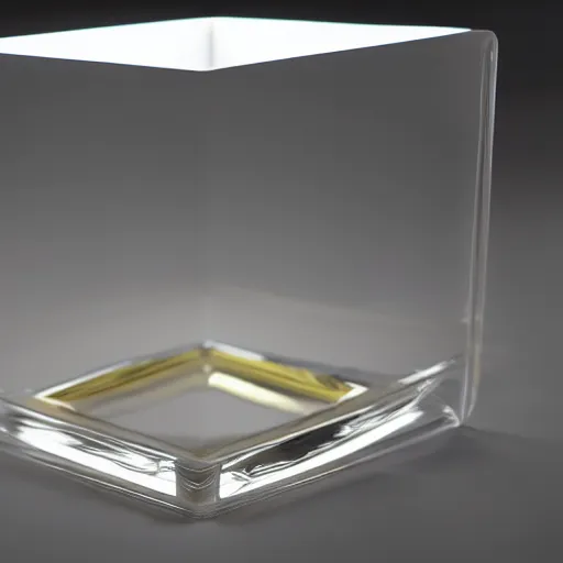 Prompt: an ultra high definition professional studio quality photograph of a transparent perspex cube shaped pastel coloured ashtray on a white plinth in an empty white room. dramatic lighting, ray tracing, refraction, shallow d. o. f, colour corrected, golden ratio, three point light.