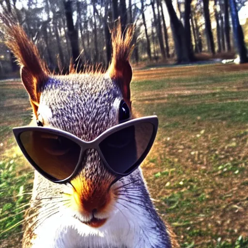 Prompt: squirrel with sun glasses, low angle camera, award winning