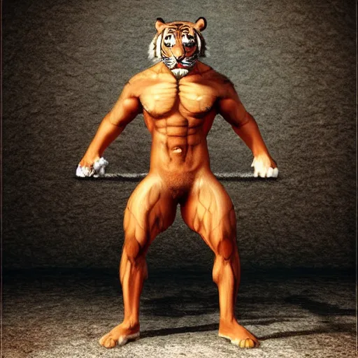 Image similar to A muscular standing tiger posing for the camera, featured on DeviantArt, FurAffinity, furry art, anthro