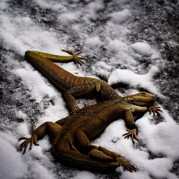 Prompt: a lizard woman in the snow, face of a lizard, by Annie Leibovitz and Steve McCurry, natural light, detailed face, CANON Eos C300, ƒ1.8, 35mm, 8K, medium-format print