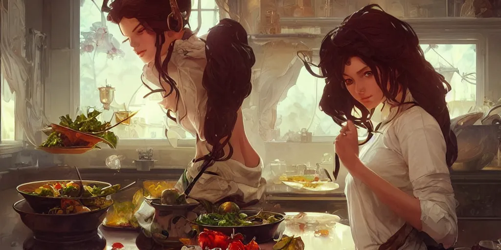 Prompt: a very beautiful girl cooking, highly detailed, digital painting, artstation, concept art, smooth sharp focus, illustration, art by artgerm, greg rutkowski and alphonse mucha