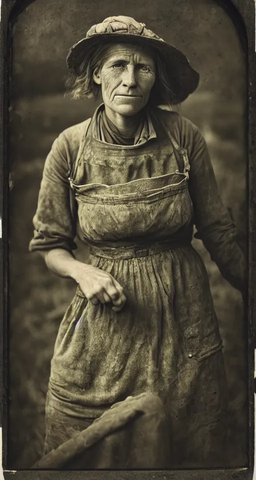 Image similar to a highly detailed digital collodion photograph, a portrait of a female farmer