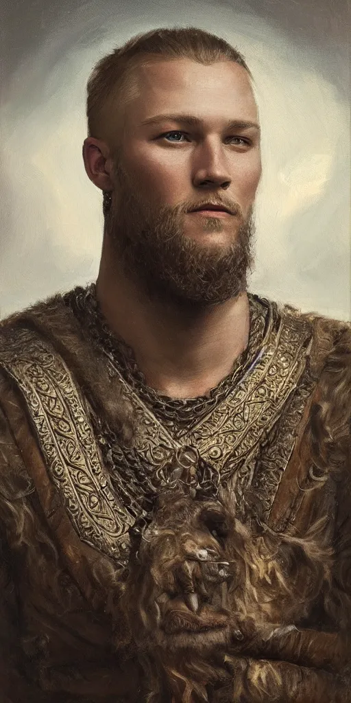 Image similar to a stunning and noble highly detailed romantic period style portrait of the Viking king Ragnar Lothbrok by Josep Tapiró Baró, trending on artstation, oil painting masterpiece, symmetry, fractals, Norse iconography