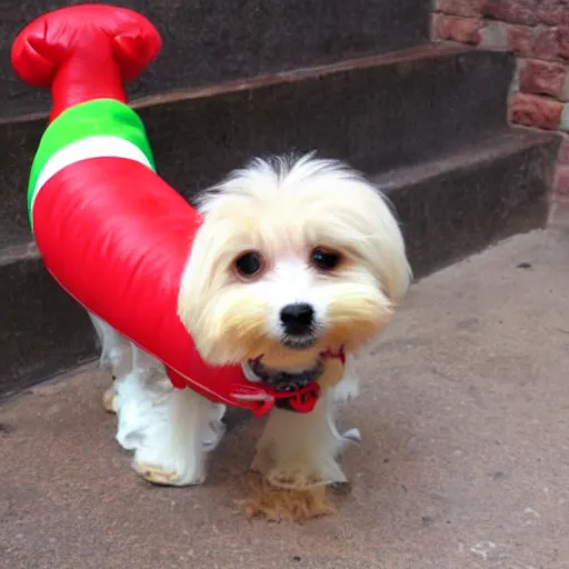 Prompt: cavachon in a hot dog costume