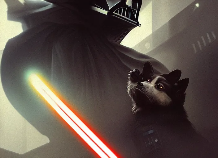 Image similar to a Photorealistic dramatic hyperrealistic render of darth vader with lightsaber drawn facing off against a calm cute corgi, futuristic star wars vibe, by WLOP and Artgerm and Greg Rutkowski and Alphonse Mucha, Beautiful dynamic dramatic dark moody lighting, shadows, cinematic atmosphere, Artstation, concept design art, Octane render, 8K, masterpiece, sharp focus