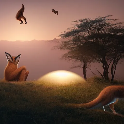 Prompt: a cinematic shot of a serene landscape with a mystical cute caracal, by james jean and pascal blanche, at dawn, volumetric light, illuminated by glowing orbs