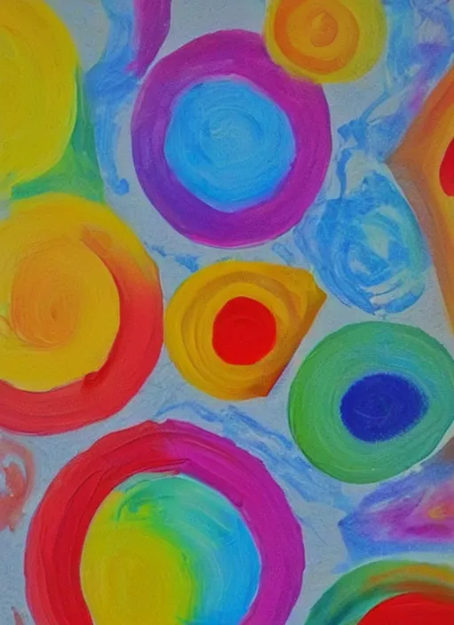 Prompt: oil paint circles of varying sizes on white paper, rainbow colors