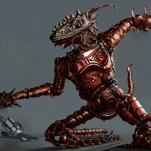 Image similar to robotic lizardfolk warrior made up of copper gold and silver elements wearing red goggles over eyes shooting a gun that is popping out of his open mouth at a horde of goblins, illustration, concept art, highly detailed, 8 k, matte, cinematic lighting, film grain,