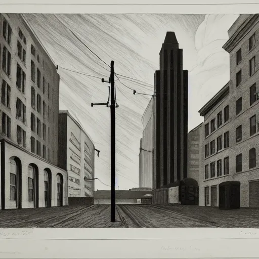 Image similar to an engraving of a storm battering a light tower skyscrapper, brutalism, in city downtown by edward hopper