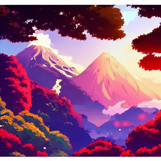 Image similar to landscape of an anime style with tropical flowers and volcanos, waterfalls bright colors, bird eye view, bove rule of thirds golden ratio, fake detail, trending pixiv fanbox, acrylic palette knife, style of makoto shinkai studio ghibli genshin impact james gilleard greg rutkowski chiho aoshima