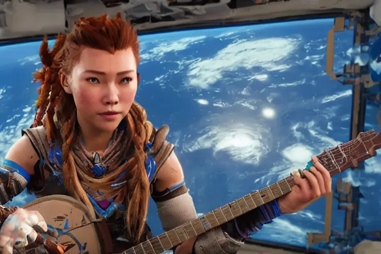 Image similar to aloy from the horizon zero dawn videogame playing the guitar in the international space station