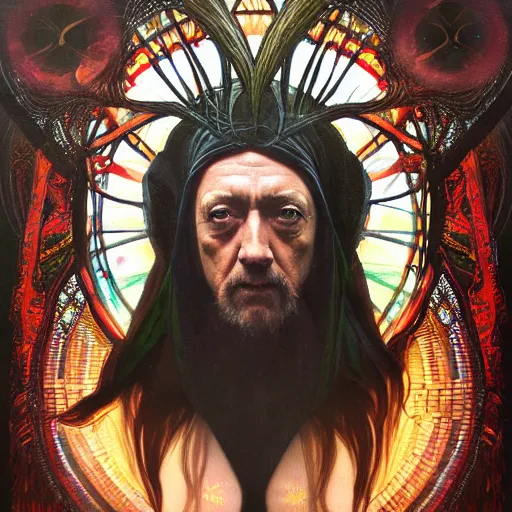 Image similar to an acrylic on canvas portrait of Alec Guinness Shaman Lightworker Alchemist Druid, Mystery, Love, wholeness, rooted lineage, web of life, open eye freedom by Greg Rutkowski, Artgerm and Alphonse Mucha. Epic fantasy art.