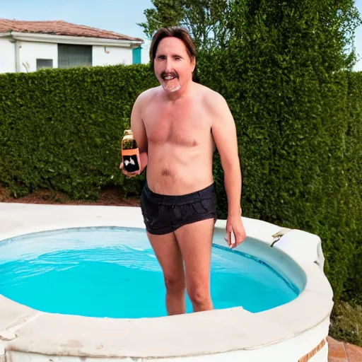 Prompt: bald emilio estevez standing in the water of a pool next to a house with a bottle of champain in the hands