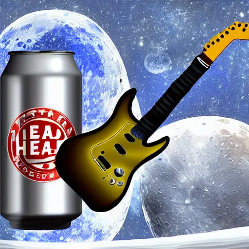 Prompt: an electric guitar headstock and a beer can on the moon. very detailed. cartoon. realistic