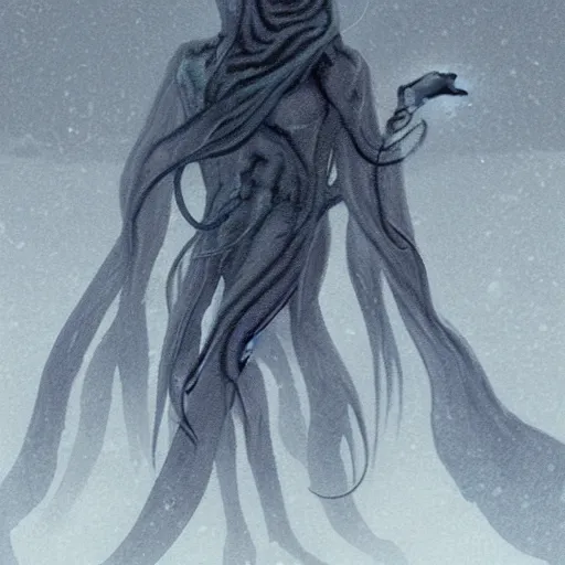 Image similar to concept designs for an ethereal ghostly wraith like figure with a squid like parasite latched onto its head and long tentacle arms that flow lazily but gracefully at its sides like a cloak while it floats around a frozen rocky tundra in the snow searching for lost souls and that hides amongst the shadows in the trees, this character has hydrokinesis and electrokinesis for the resident evil village video game franchise with inspiration from the franchise Bloodborne and the mind flayer from stranger things on netflix