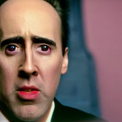 Image similar to frightening, creepy, scary, horrifying nicholas cage in twin peaks, scene from episode directed by david lynch and mark frost, 8 k, 1 9 9 0