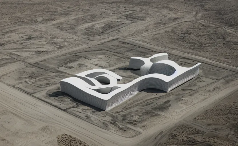 Image similar to parametric structure, medical complex, in the desert beside the gulf, view from above, design by toyo ito, dezeen, architectural photography