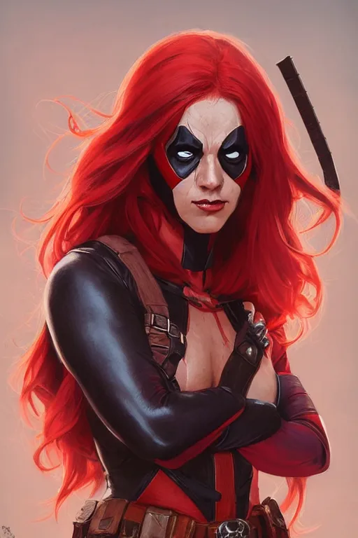 Image similar to portrait of a girl wearing deadpool costumes, upper body, red hair, long hair, d & d, fantasy, fierce, sharp features, intricate, elegant, highly detailed, digital painting, artstation, concept art, matte, sharp focus, illustration, art by artgerm and greg rutkowski and alphonse mucha