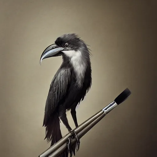 Image similar to a silver feathered crow holding a fine paintbrush in it's beak, by leesha hannigan, ross tran, thierry doizon, kai carpenter, ignacio fernandez rios