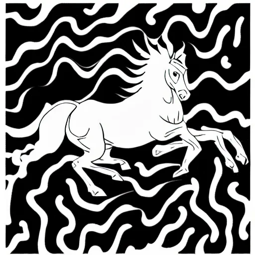 Image similar to a black and white vector based illustration by Junji Ito of a galloping flaming horse done in Adobe illustrator, black ink shading on white background