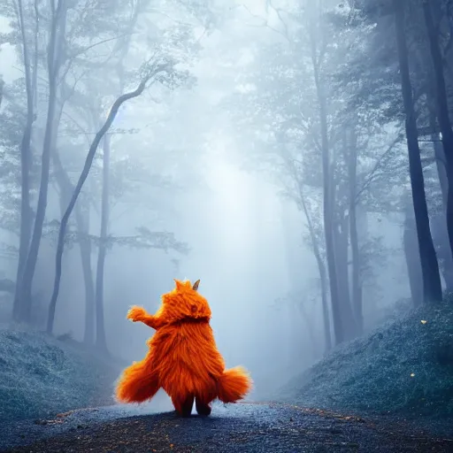 Image similar to a large orange fox muppet wearing a hooded cloak and herding a bunch of random muppet animals following behind through a dark blue forest, sesame street, photograph, photography, ultrarealistic, national geographic