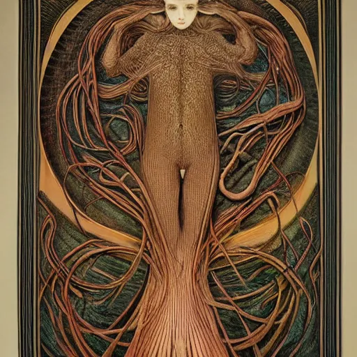 Image similar to intarsia inlay organic, insane by jean delville, by dino valls. a land art of the human intestine in all its glory. each section of the intestine is labelled, & various items & creatures can be seen inside, such as bacteria, food particles, & even a little mouse.