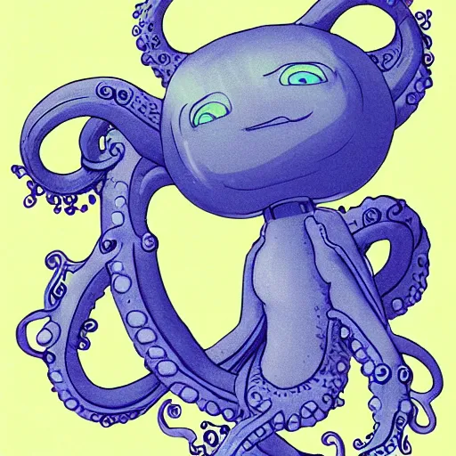 Image similar to character design of an adorable baby faced alien with tentacles on the sides of it's mouth, blue, tiny horns