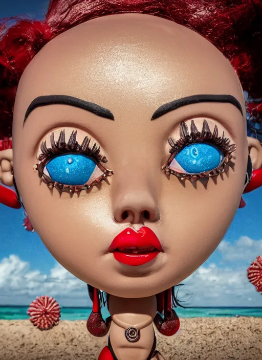 Prompt: closeup profile portrait of tin toy bikini girl surf sand, depth of field, zeiss lens, detailed, symmetrical, centered, fashion photoshoot, by nicoletta ceccoli, mark ryden, lostfish, breathtaking, 8 k resolution, extremely detailed, beautiful, establishing shot, artistic, hyperrealistic, octane render