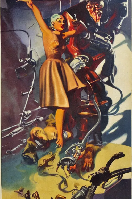 Prompt: 5 0 s pulp scifi fantasy illustration full body portrait monster wrecking laboratory, by earle bergey, edd cartier, howard v brown, frank r paul, astounding stories, amazing, fantasy, other worlds