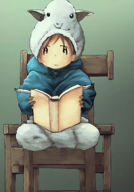 Image similar to beautiful little boy wearing sheep suit reading a book while sitting on chair, gray, blue, green and brown pallet color. made in abyss art style, inspired in kris from deltarrune, cute detailed artwork, anatomically correct, soft details, ilya kuvshinov, reflection, perfect composition, mobile wallpaper, illumination, helltaker