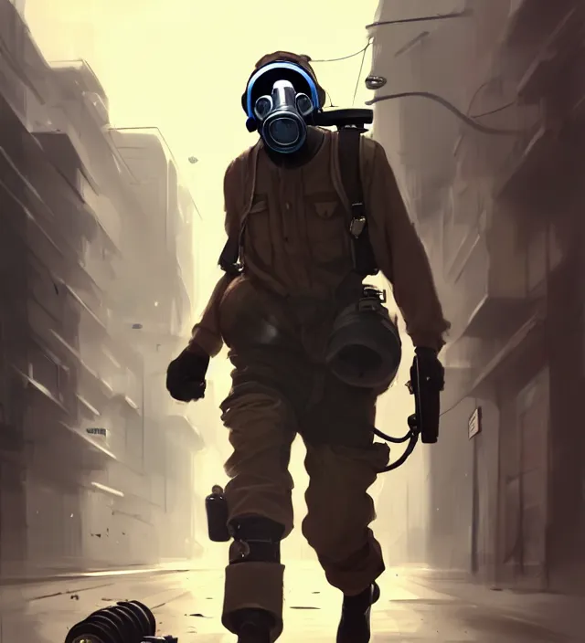 Prompt: a man wearing gas mask, holding shotgun, running on the street full of people, no one notice him. concept art by rossdraws, james jean, andrei riabovitchev, marc simonetti, sakimichan, trending on artstation