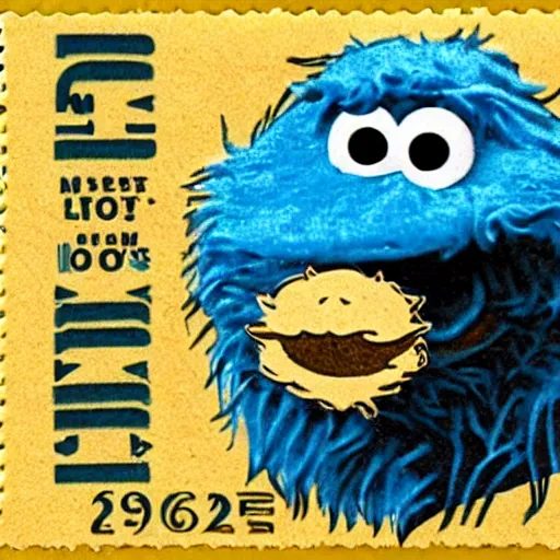 Image similar to cookie monster in the style of a 1 9 2 0 s vintage mailing stamp