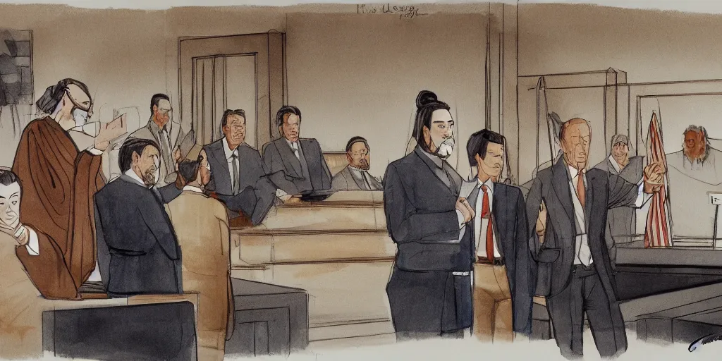 Prompt: Confucius and jury trial, a few suits afar, in the american courtroom sketch by Christine Cornell by Batton Lash by John M. Downs by Leo Hershfield, judge with face of clint eastwood, concept art