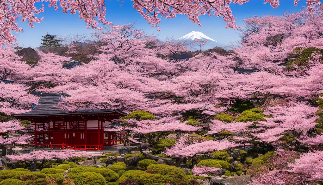 Prompt: a Shinto temple in the midst of a Sakura garden, mount Fuji in the background, stunning japanese aesthetics, studio photography, highly detailed