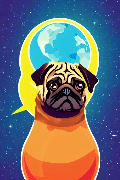 Prompt: planet pug floating in space, art by viktor miller gausa, sticker, colorful, illustration, highly detailed, simple, smooth and clean vector curves, no jagged lines, vector art, smooth