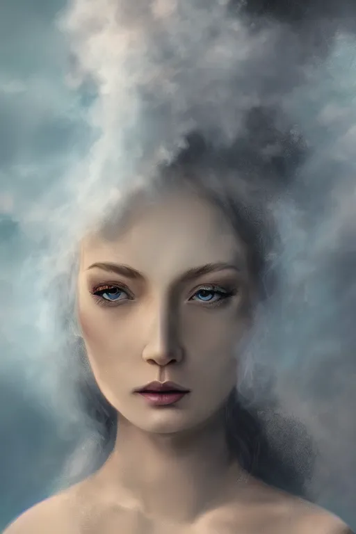 Image similar to Goddes of Clouds, Mist and Smoke, , pretty face, ultra detailed, digital art, 8k ,character ,realistic, portrait, hyperrealistic