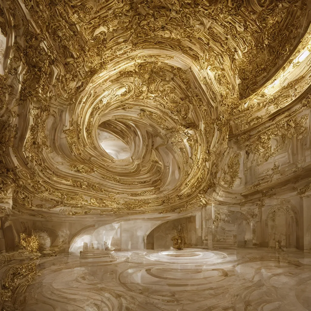 Prompt: an incredibly smooth curvilinear digital neo baroque interior architectural sculpture, a golden pool on the ground is envelope by folding white smooth surfaces, seductive, visually satisfying architecture render