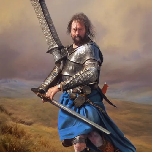 Image similar to Detailed hyper-realistic oil painting of William Wallace holding a Scottish claymore sword with one foot on a rock, 4K