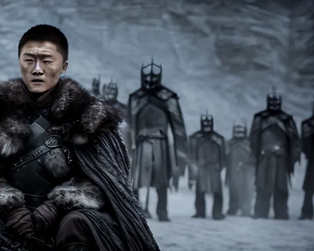 Image similar to justin sun as night king in game of thrones being swarmed by crimson - black bees, 4 k, epic, cinematic, focus, movie still, fantasy, extreme detail, atmospheric, dark colour, sharp focus