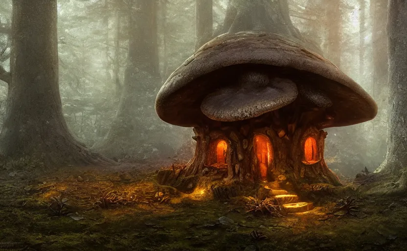 Prompt: A mushroom house in a mushroom, warm light coming from the windows, in a dark forest, macro, cool tones, underexposed, overecast, mysterious matte painting by greg rutkowski and marc simonetti and Ivan Shishkin, 4k