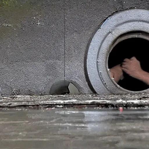 Prompt: man stuck inside a sewer, desperate, bad quality, shaky camera, funny