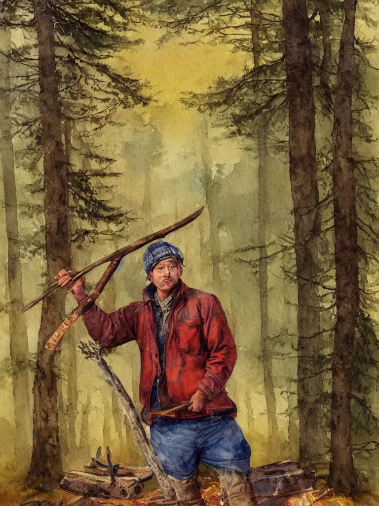 Image similar to a watercolor painting of a man wearing lumberjack clothes and holding a axe by william turner, forest in the background, warm colors, anatomically correct, five fingers, realistic and defined face, realistic, digital painting, masterpiece, watercolor, william turner, symmetrical, low contrast, warm