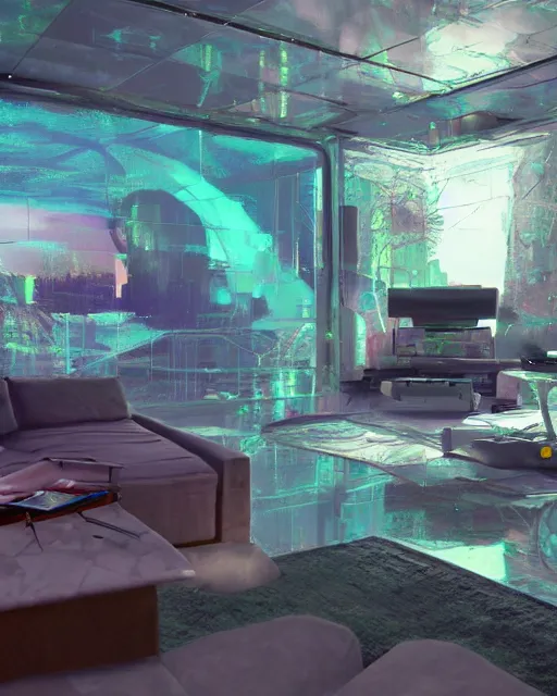 Image similar to artstation scifi scene of a safe room as ikea ad, lounge furniture, sky mural on the room ceiling, holographic glitchart walls, windows, large terrarium, paneled walls, unreal engine 5, hyper realism, realistic shading, cinematic composition, blender render, octane render, hdr, detailed textures, photorealistic, wide shot