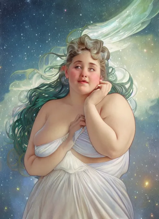 Image similar to a chubby woman with pointed ears, wearing a white sundress, and a swirling sparkling cloud galaxy nebula for hair, realistic painting by ross tran and gerald brom and alphonse mucha, artgerm, trending on artstation