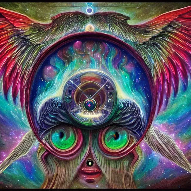 Prompt: angelic ophanim Lovecraftian celestial covered in eyes feathers and wings, oil painting award winning, chromatic aberration sharp colors, symmetrical geometry sublime angel covered in eyes be not afraid