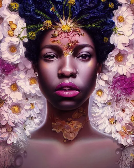 Image similar to portrait of the afro - american queen of the underworld, surrounded by flowers by karol bak, james jean, tom bagshaw, rococo, sharp focus, trending on artstation, cinematic lighting, hyper realism, octane render, 8 k, hyper detailed.