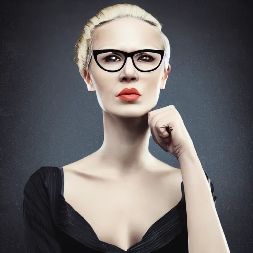 Image similar to middle aged beautiful french woman with blonde hair tied in a strict bun, manicuring nails, spectacles, lots of makeup, arrogant, rich, expensive voluminous dress, digital art, high quality, 8 k, detailed, d & d character,