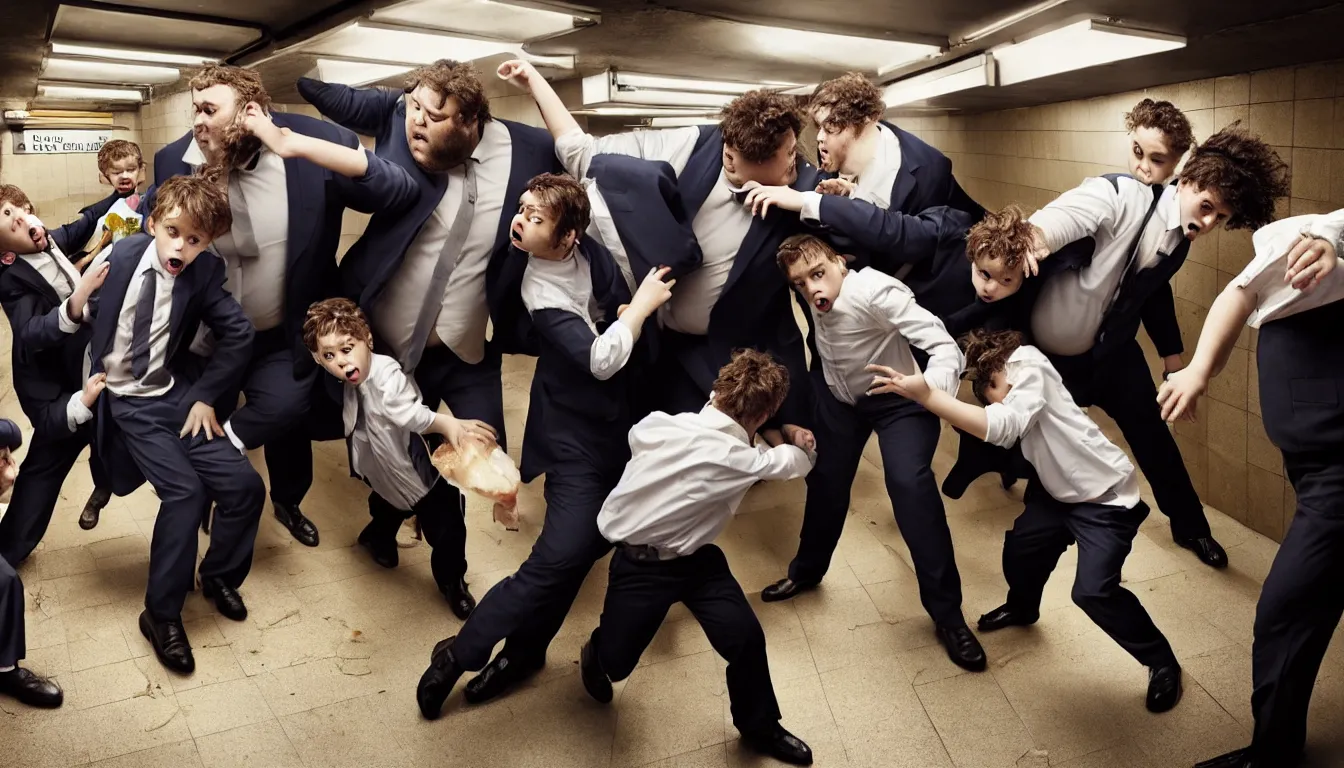 Image similar to disheveled children and and obese men in suits fighting in a squalid subway over half eaten fast food, hyper realistic photo, full colour, upscale, 8 k