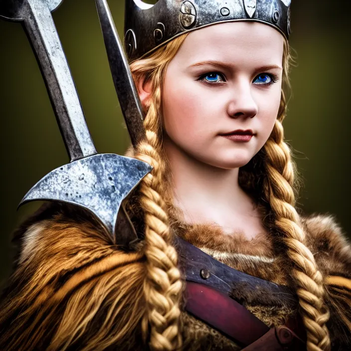 Prompt: photo of a very cute! beautiful young adult viking queen, highly detailed, 4 k, hdr, smooth, sharp focus, high resolution, award - winning photo